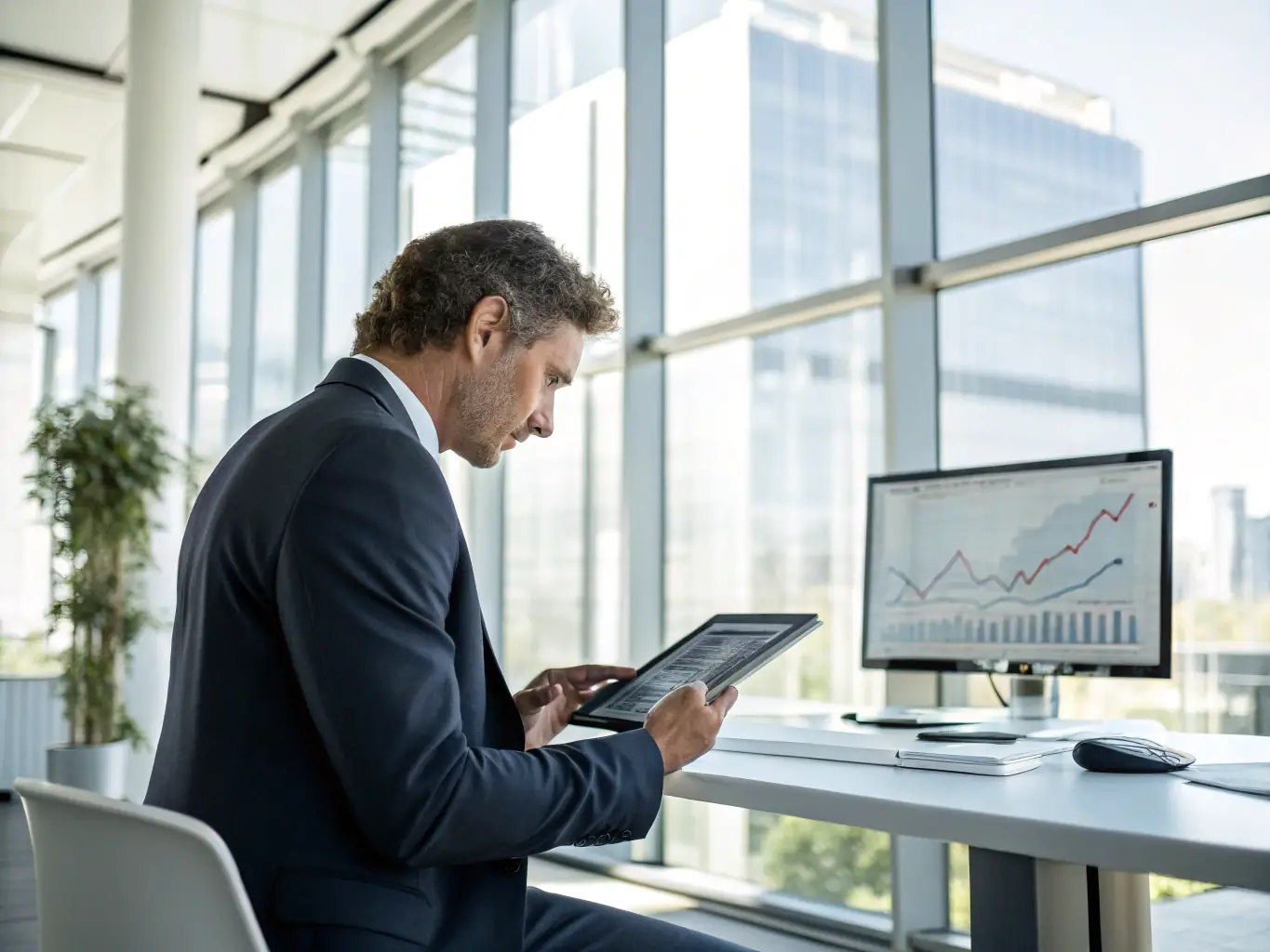 A focused financial advisor reviewing key performance indicators (KPIs) on a digital dashboard, highlighting data-driven decision-making.