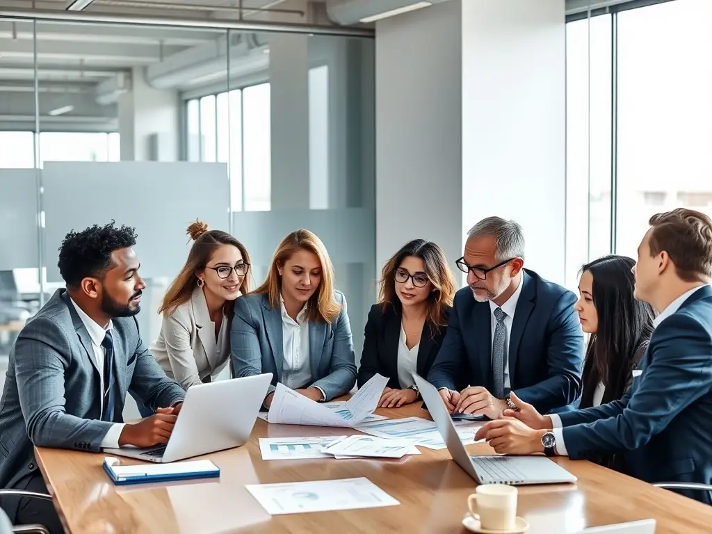 A diverse group of financial advisors collaborating in a modern co-working space, symbolizing community and shared learning.