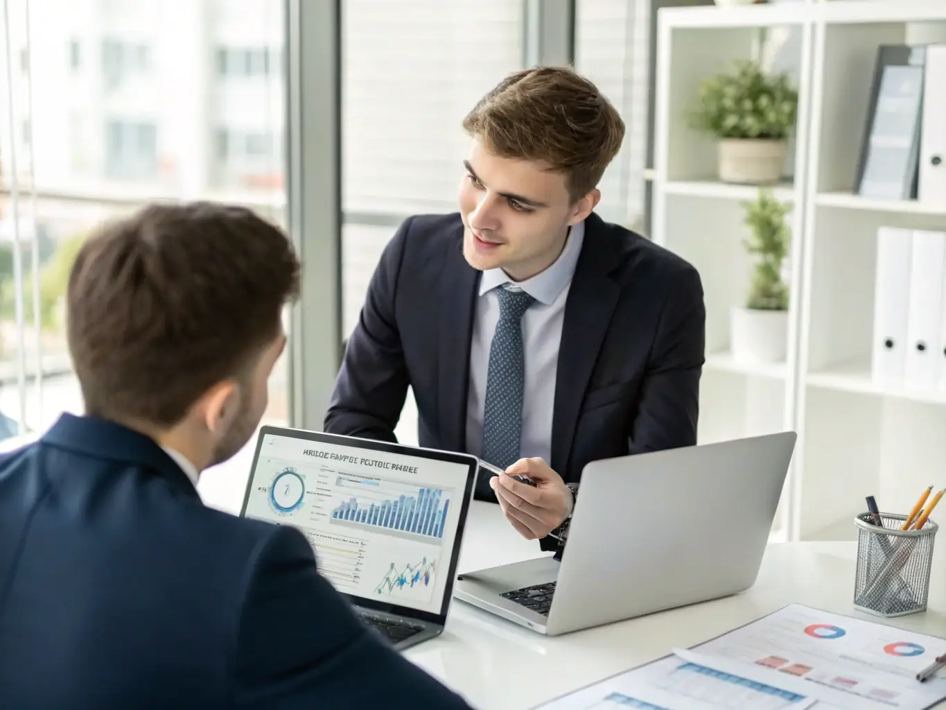 A professional financial advisor confidently presenting a strategic plan to a client in a modern office setting, emphasizing trust and expertise.